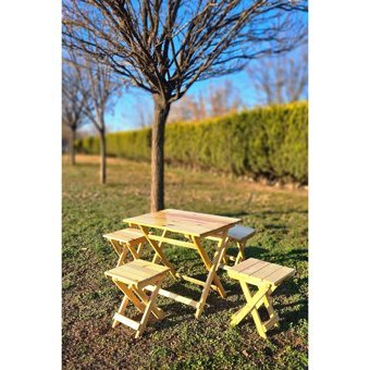 Esnature 70x50 cm 4 Tabureli Dikdörtgen Ahşap Katlanır Kamp Masası Kahverengi