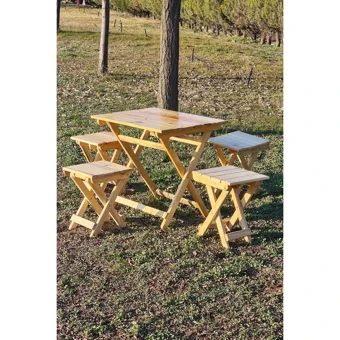 Esnature 70x50 cm 4 Tabureli Dikdörtgen Ahşap Katlanır Kamp Masası Kahverengi