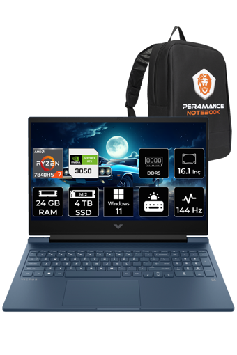 HP Victus 16 8D7V8EA Harici GeForce RTX 3050 AMD Ryzen 7 7840HS 24 GB DDR5 2 TB - 2 TB SSD 16.1 inç FHD Windows 11 Home Gaming Laptop PER4 ÇANTA