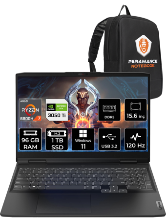 Lenovo Ideapad 3 82SB00NWTX Harici GeForce RTX 3050 Ti AMD Ryzen 7 6800H 96 GB DDR5 1 TB SSD 15.6 inç FHD Windows 11 Pro Gaming Laptop PER4 ÇANTA
