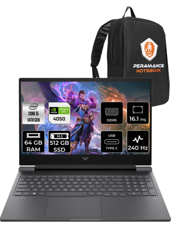 HP Victus 16 9J204EA Harici GeForce RTX 4050 Intel Core i5 14500HX 64 GB DDR5 512 GB SSD 16.1 inç QHD Freedos Gaming Laptop PER4 ÇANTA
