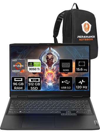 Lenovo Ideapad 3 82SB00NWTX Harici GeForce RTX 3050 Ti AMD Ryzen 7 6800H 96 GB DDR5 512 GB SSD 15.6 inç FHD Freedos Gaming Laptop PER4 ÇANTA