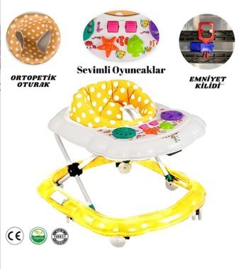 Ayvella Puantiyeli 6 Tekerlekli 3 Kademeli Oyuncaklı Örümcek Yürüteç Sarı