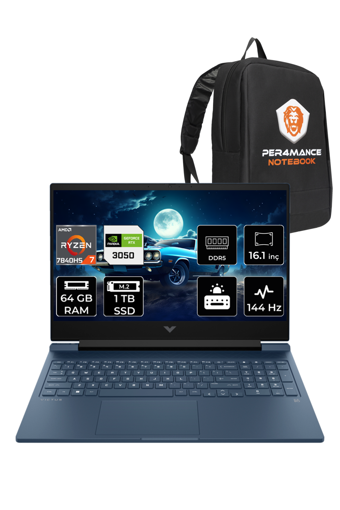 HP Victus 16 8D7V8EA Harici GeForce RTX 3050 AMD Ryzen 7 7840HS 64 GB DDR5 1 TB SSD 16.1 inç FHD Freedos Gaming Laptop PER4 ÇANTA
