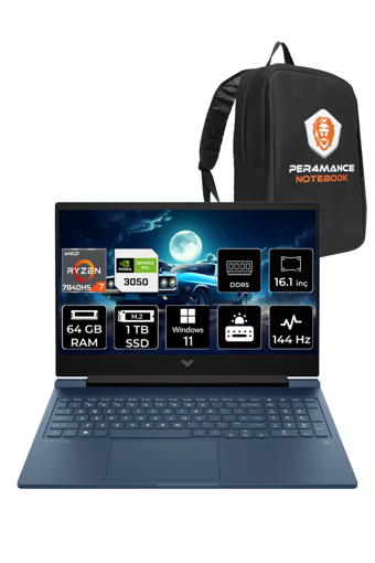 HP Victus 16 8D7V8EA Harici GeForce RTX 3050 AMD Ryzen 7 7840HS 64 GB DDR5 1 TB SSD 16.1 inç FHD Windows 11 Home Gaming Laptop PER4 ÇANTA