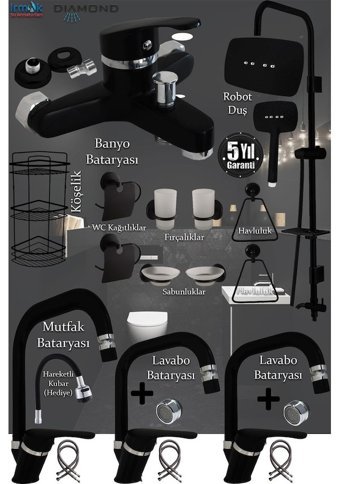 Tesitay Pirinç Çiftli Aç Kapa Banyo Bataryası Siyah