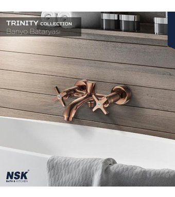 Nsk Trınıty Pirinç Çiftli Çevirmeli Yarı Ankastre Kuğu Banyo Bataryası Altın