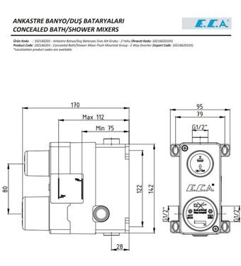 E.C.A 102167202H-KDE Pirinç Çiftli Aç Kapa Ankastre Kare Banyo Bataryası Krom