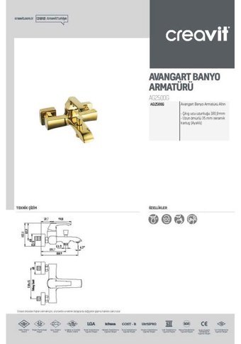 Creavit Avangart Pirinç Çiftli Aç Kapa Ankastre Kare Banyo Bataryası Altın