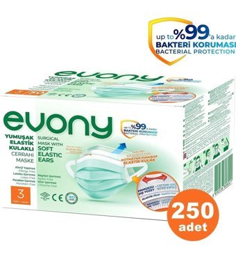 Evony Tek Kullanımlık 3 Katlı Lastikli Telli 5x50 Adet Yetişkin Maske