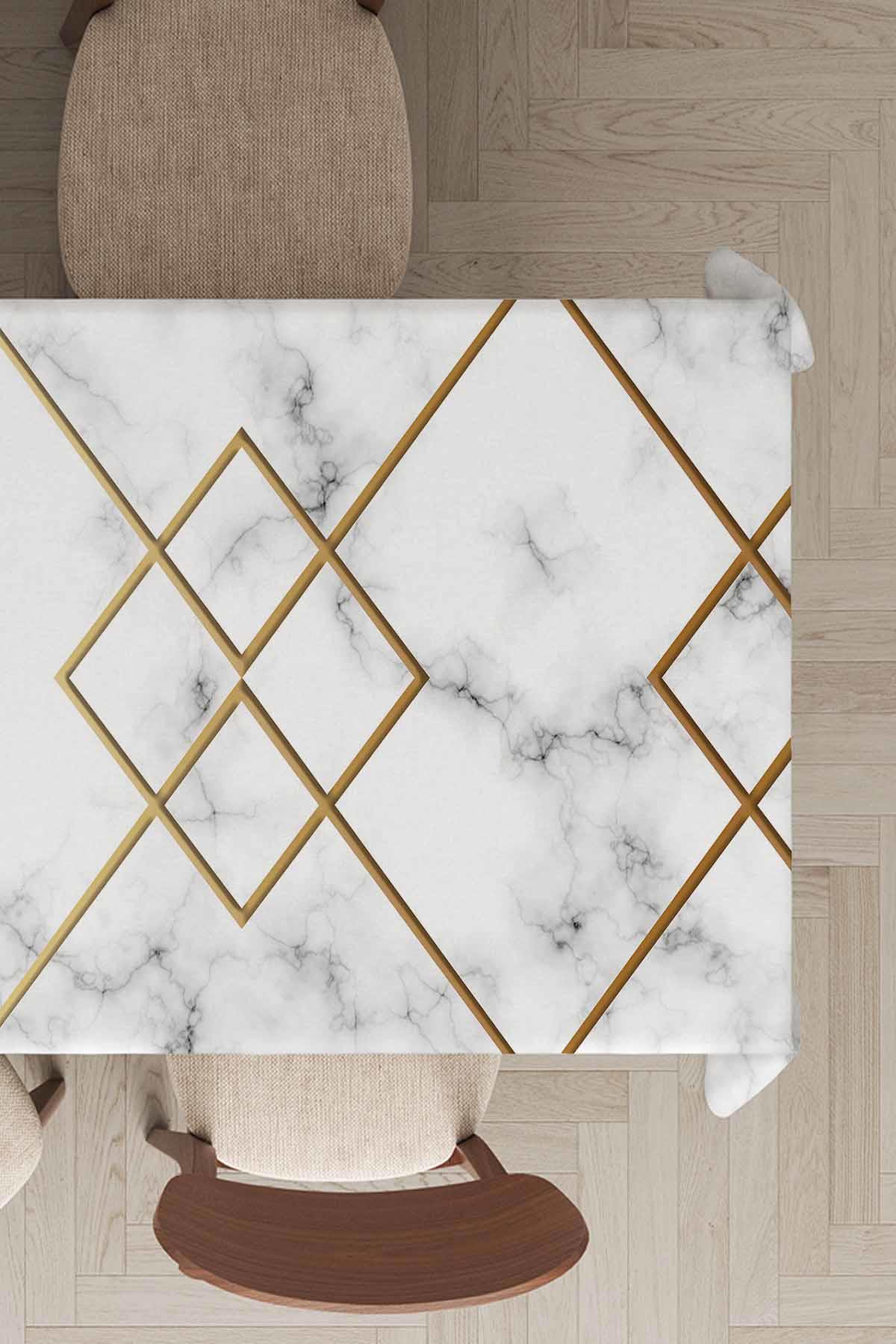Viva Home Mermer Görünümlü Tay Tüyü 140x260 cm Dikdörtgen Masa Örtüsü Beyaz