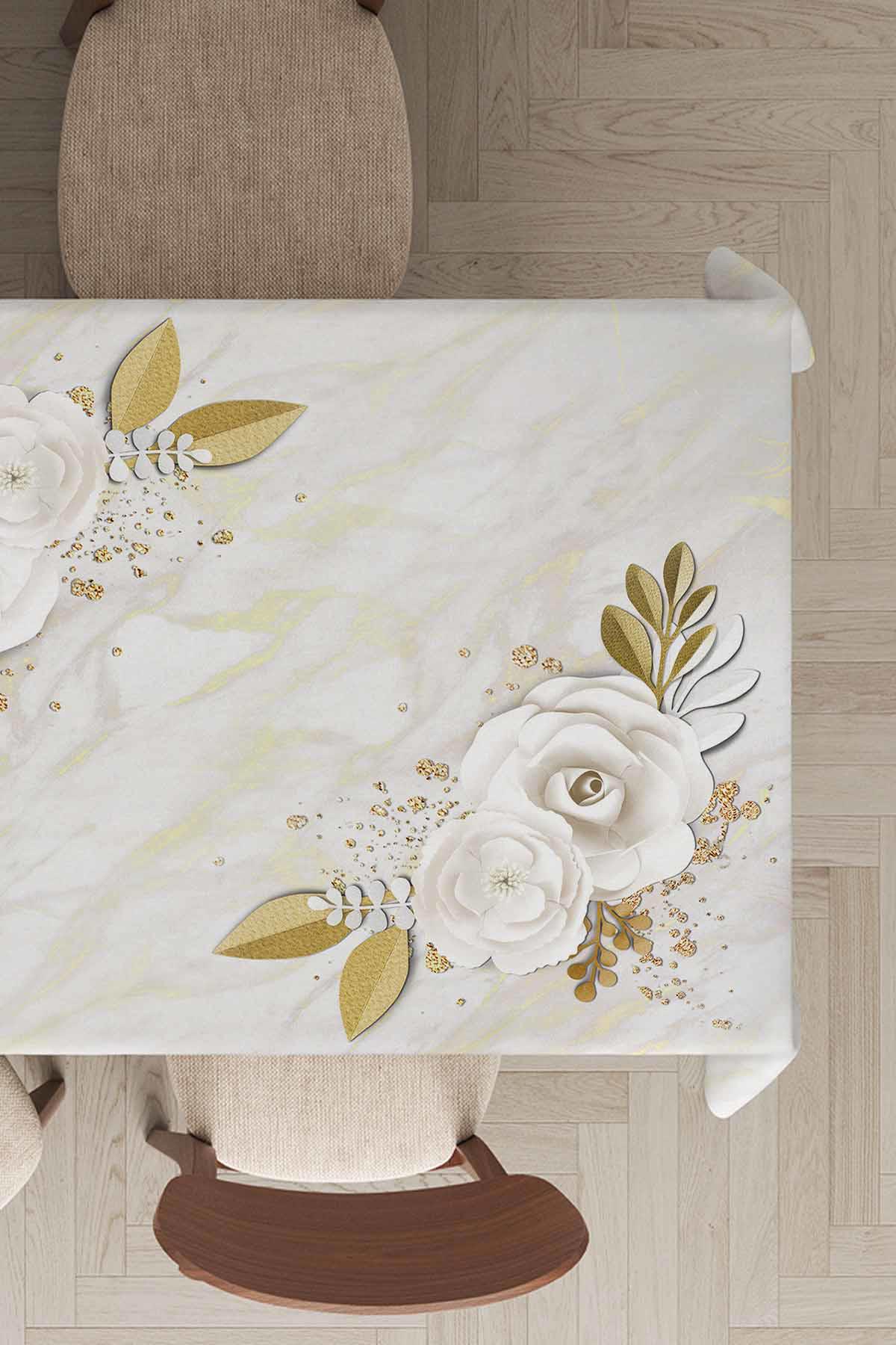 Viva Home Çiçek Desenli Tay Tüyü 140x260 cm Dikdörtgen Masa Örtüsü Gold