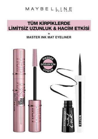 Maybelline New York Master Ink Mat Siyah Kalıcı İnce Uçlu Fırça Likit Eyeliner + Maybelline New York Lash Sensational Sky High Maskara
