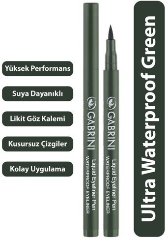 Gabrini Suya Dayanıklı Yeşil Kalıcı İnce-Kalın Uçlu Keçe Likit Eyeliner