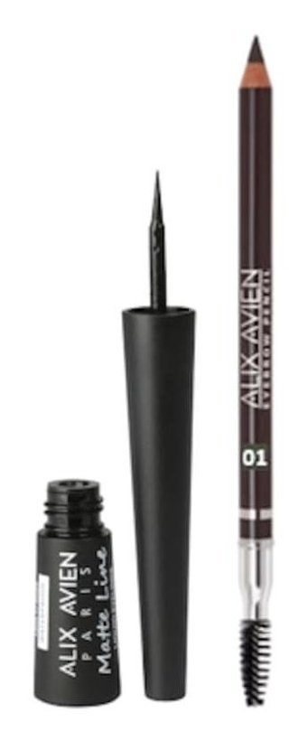 Alix Avien Çift Taraflı Mat Pastel Siyah İnce-Kalın Uçlu Kalem Eyeliner + Alix Avien Kaş Kalemi Koyu Kahve