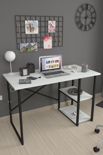Bofigo Kitaplıklı 75x60x120 cm Metal-Yonga Levha Gövdeli Beyaz-Siyah Çalışma Masası