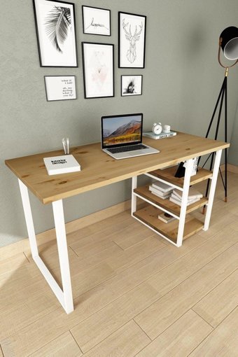 Woodesk CPT4616 Kitaplıklı 75x60x140 cm Masif Gövdeli Metal Ayaklı Beyaz-Ceviz Çalışma Masası