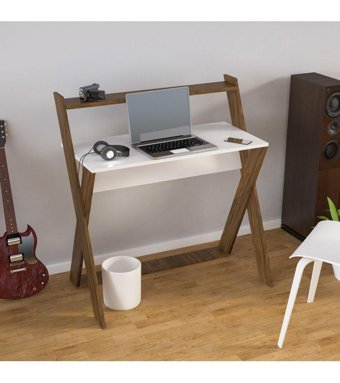 Modilaynx Kitaplıklı 107x60x104 cm Yonga Levha Gövdeli Suntalam Ayaklı Beyaz-Ceviz Çalışma Masası