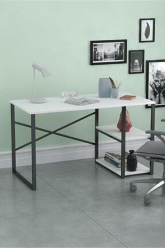 Noowa Kitaplıklı 72x60x120 cm MDF Gövdeli Metal Ayaklı Beyaz-Siyah Çalışma Masası