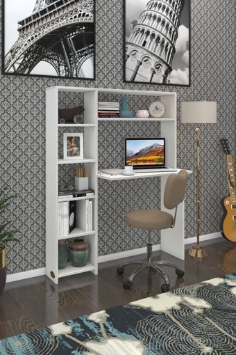 Kenzlife Kitaplıklı 140x20x100 cm Suntalam Gövdeli Beyaz Çalışma Masası