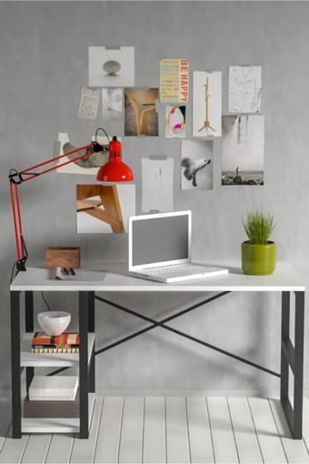Noowa Kitaplıklı 72x50x120 cm Metal-Yonga Levha Gövdeli Beyaz-Siyah Çalışma Masası
