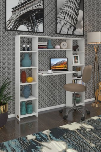 Kenzlife Kitaplıklı 140x20x130 cm Suntalam Gövdeli Beyaz Çalışma Masası