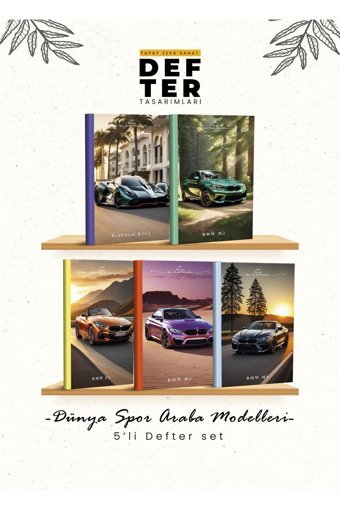 Yapay Zeka Sanat Dünya Spor Arabalar A5 Çizgisiz Düz Orta Boy Çok Renkli 5'li Set Not Defteri