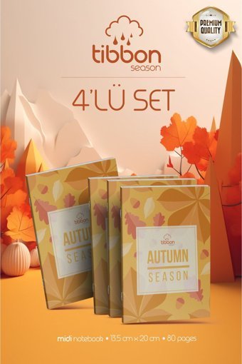 Tibbon Autumn Season B5 Çizgisiz Düz Orta Boy Sarı 4'lü Set Not Defteri