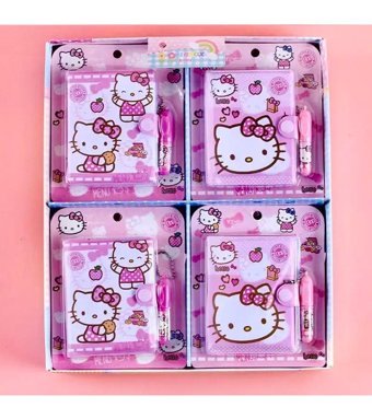 Aryahanım Hello Kitty Kalemli A7 Çizgili Çıtçıtlı Küçük Boy Pembe 4'lü Set Not Defteri