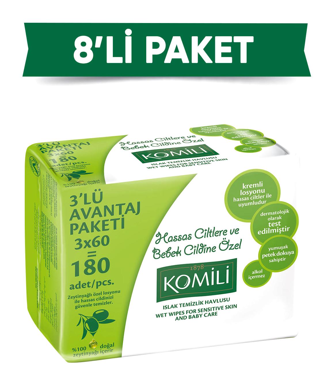 Komili Sensitive Zeytinyağlı 1440 Yaprak 8'li Islak Mendil