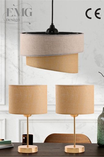 Emg DesiGn Kumaş Galaksi Modern Pasta Tekli Ve 2 Li Gold Abajur Seti