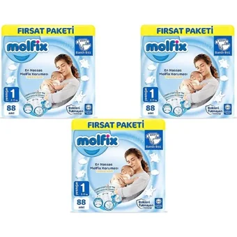 Molfix Yenidoğan 1 Numara Göbek Oyuntulu Bantlı Bebek Bezi 3x88 Adet