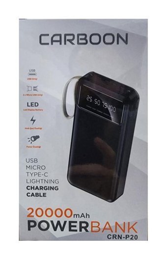 Carboon CRN-P20 20000 mAh Hızlı Şarj Işıklı Dijital Göstergeli Lightning & Micro USB & Type C Çoklu Bağlantı Kablolu Powerbank Siyah