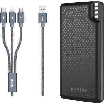 Philips DLP2010NB/62 10000 mAh Güneş Enerjili Hızlı Şarj Lightning & Micro USB & Type C Çoklu Bağlantı Kablolu Powerbank Siyah