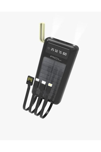 Acl Pw60 20000 mAh Güneş Enerjili Hızlı Şarj Işıklı Dijital Göstergeli Lightning & Type C Çoklu Bağlantı Kablolu Powerbank Siyah