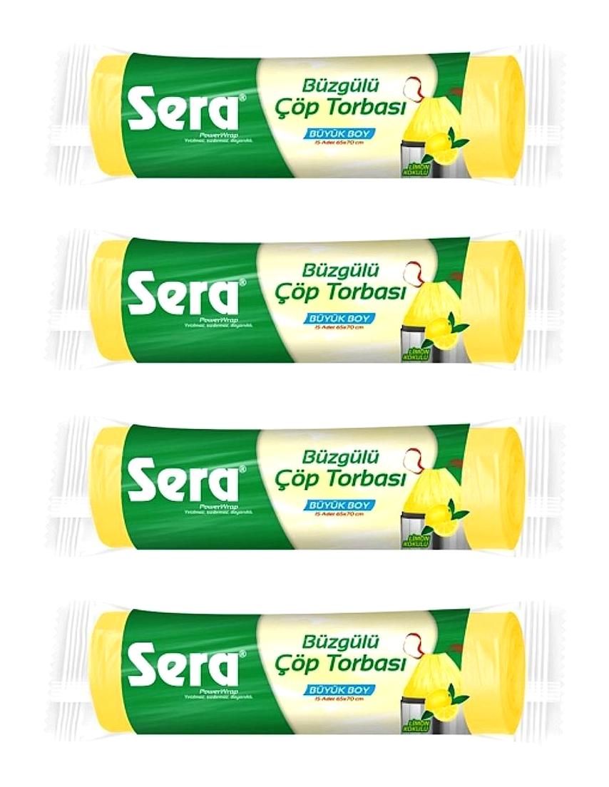 Sera Limon Kokulu Büzgülü Büyük Boy 65x70 cm Çöp Poşeti 4x15 Adet Sarı