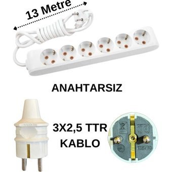 Avarson 3500 W Kalın Topraklı 6'lı 13 m Uzatma Kablosu Beyaz