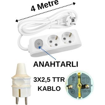 Avarson 3500 W Kalın Topraklı Anahtarlı 2'li 4 m Uzatma Kablosu Beyaz