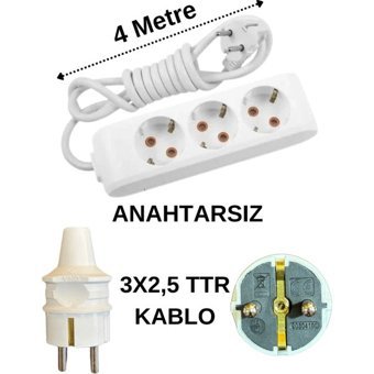 Avarson 3500 W Kalın Topraklı 3'lü 4 m Uzatma Kablosu Beyaz