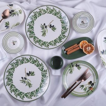 Aryıldız Olive 32 Parça 6 Kişilik Beyaz-Yeşil Desenli Porselen Kahvaltı Takımı