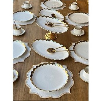 Rossev Daisy 38 Parça 6 Kişilik Altın-Beyaz Desenli Seramik Kahvaltı Takımı