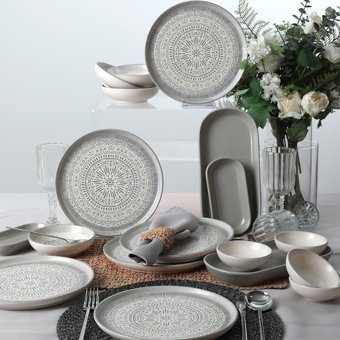 Keramika Stone 18 Parça 6 Kişilik Beyaz-Gri Desenli Porselen Kahvaltı Takımı