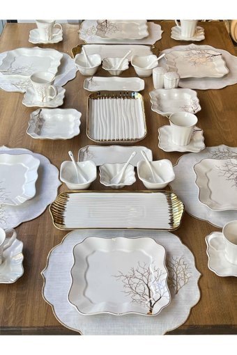 Rossev Arbol 52 Parça 6 Kişilik Altın-Beyaz Desenli Seramik Kahvaltı Takımı
