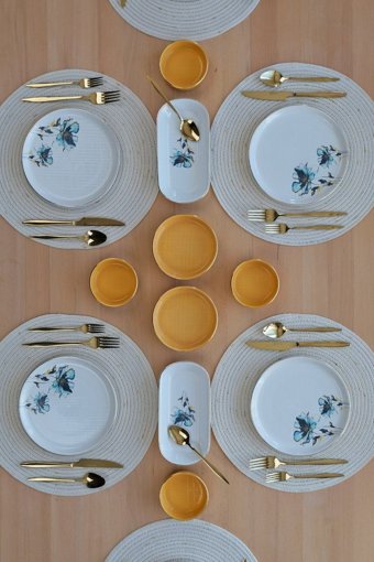 Glore Asya Blue 14 Parça 6 Kişilik Beyaz Desenli Seramik Kahvaltı Takımı