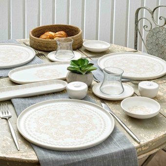 Pierre Cardin Jade 28 Parça Beyaz-Bej Desenli Porselen Kahvaltı Takımı