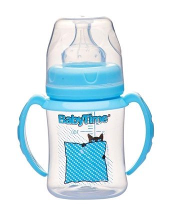 Babytime Bt078 Polipropilen Antikolik Yenidoğan Yavaş Akışlı Kulplu 0-6 Ay Desenli Mavi Biberon 150 ml