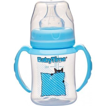 Babytime Bt078 Polipropilen Antikolik Yenidoğan Yavaş Akışlı Kulplu 0-6 Ay Desenli Mavi Biberon 150 ml