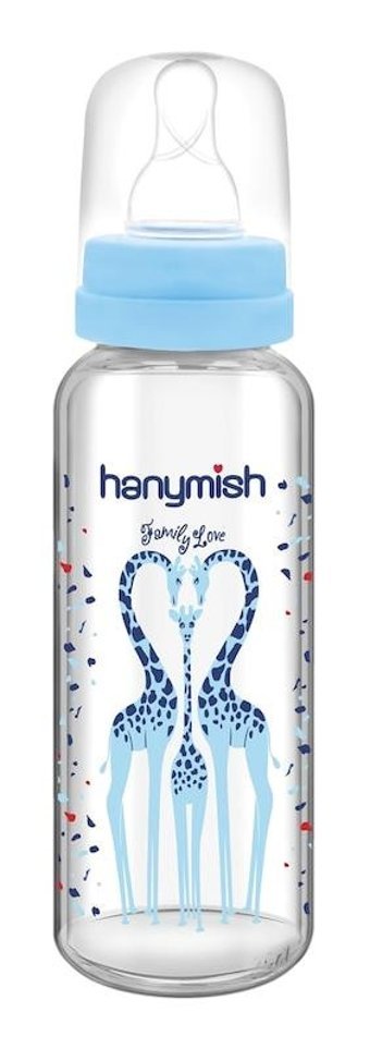 Hanymish 402 Cam Gaz Yapmayan Antikolik Yenidoğan Yavaş Akışlı 0-6 Ay Desenli Mavi Biberon 240 ml