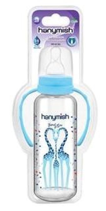 Hanymish 402 Cam Gaz Yapmayan Antikolik Yenidoğan Yavaş Akışlı 0-6 Ay Desenli Mavi Biberon 240 ml