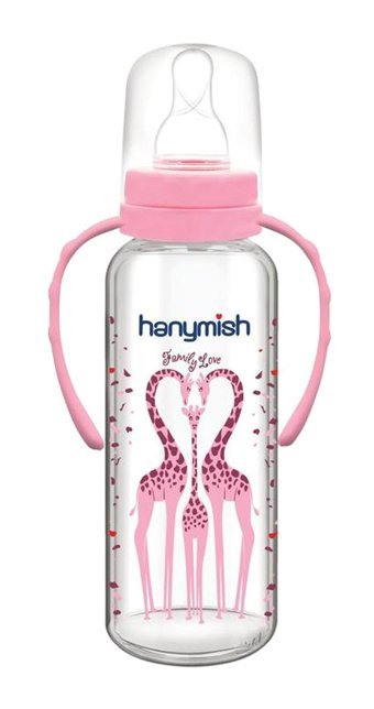 Hanymish 402 Cam Yavaş Akışlı Kulplu 0-6 Ay Desenli Pembe Biberon 240 ml